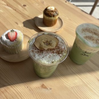 Stray Dogs Coffee Roasters - Crisp apple matcha - seasonal (fall) (closest to camera /middle) Banana pudding matcha - far right Matcha Japanese cheesecake - far left - Coffee Roasteries Near Me - Riverside, California Stray Dogs Coffee Roasters - Crisp apple matcha - seasonal (fall) (closest to camera /middle) Banana pudding matcha - far right Matcha Japanese cheesecake - far left - Coffee Roasteries Near Me - Riverside, California