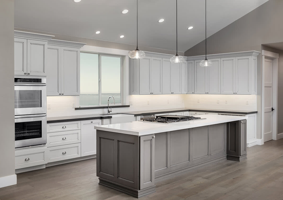 Photo of HN Kitchens By Design - Fort Lauderdale, FL, US. Double Edge Shaker Cabinets in Gray and White.  Total Kitchen Remodel:  New Cabinets, appliances, lighting, and Countertops.
