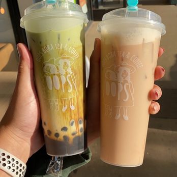 Oops Boba Tea & Coffee - Matcha messy milk (Left) Early grey milk tea (right) - Bubble Tea Near Me - Arcadia, California Oops Boba Tea & Coffee - Matcha messy milk (Left) Early grey milk tea (right) - Bubble Tea Near Me - Arcadia, California