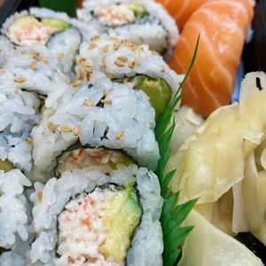 Photo of Sushi House - Palo Alto, CA, United States. California Roll and Fresh Salmon Nigiri