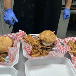 Casey and Sons Food Truck - Super stacked burgers! all with different add-ons  like bacon, cheese, extra patty, grilled onions, jalapeños, and even fried egg!