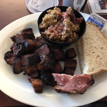 Smokin Stan's BBQ - Burnt Ends, and strawberry-rhubarb crisp.  This is one of my favorite plates of food.  Darn good. - Barbeque Near Me - Norfolk, Nebraska