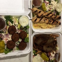 Falafel Salad (bottom), chicken plate (left -up) and gyro plate (right - bottom)