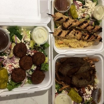 Gyro Delight - Falafel Salad (bottom), chicken plate (left -up) and gyro plate (right - bottom) - Greek Near Me - Lynnwood, Washington