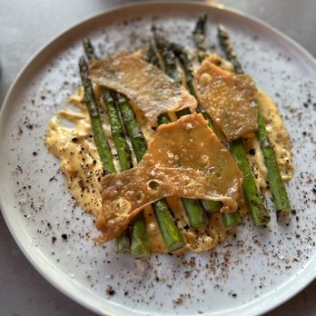 Abel's Lobster - a plate of food with asparagus - Seafood Near Me - Mount Desert, Maine