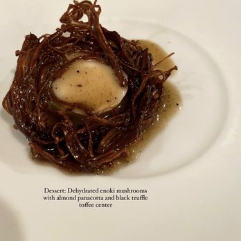 LionHeartOC - Dehydrated enoki mushrooms with almond panacotta and black truffle toffee center - Pop-Up Restaurants Near Me - Irvine, California LionHeartOC - Dehydrated enoki mushrooms with almond panacotta and black truffle toffee center - Pop-Up Restaurants Near Me - Irvine, California