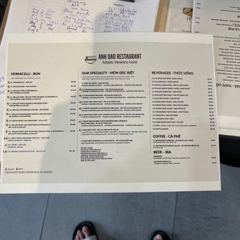 Anh Dao - Menu back - Vietnamese Near Me - Toronto, Ontario
