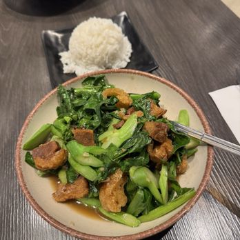 Siam Station - Chinese Broccoli with crispy pork. - Thai Near Me - Cerritos, California Siam Station - Chinese Broccoli with crispy pork. - Thai Near Me - Cerritos, California
