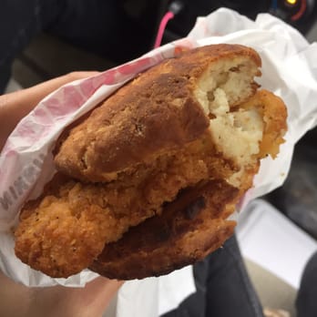 Dunkin' - This is the chicken biscuit I got. Not ok. It's burnt and hardened and I can't eat it. - Donuts Near Me - Gainesville, Florida