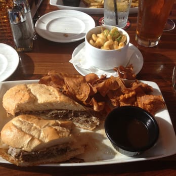 Cincinnati Lager House - Prime Rib Sandwich with Sweet potato chips, and side of angry mac and cheese. - New American Near Me - Cincinnati, Ohio Cincinnati Lager House - Prime Rib Sandwich with Sweet potato chips, and side of angry mac and cheese. - New American Near Me - Cincinnati, Ohio