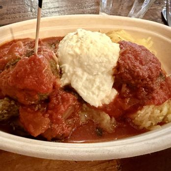 Sharkie's - 2 chickpea and dried tomato meatballs, 1 scoop spaghetti squash, 1 scoop eggplant, marinara sauce, and ricotta - Italian Near Me - Woodstock, New York Sharkie's - 2 chickpea and dried tomato meatballs, 1 scoop spaghetti squash, 1 scoop eggplant, marinara sauce, and ricotta - Italian Near Me - Woodstock, New York