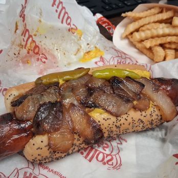 Portillo's Pick Up Joliet - Maxwell St polish sausage w/onions and sport peppers, side of fries - Burgers Near Me - Joliet, Illinois Portillo's Pick Up Joliet - Maxwell St polish sausage w/onions and sport peppers, side of fries - Burgers Near Me - Joliet, Illinois