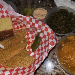Fried "Catfish", greens, candied yams, cornbread