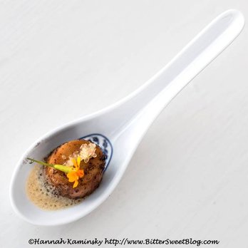 Fancy Plants Catering - Kona-Coffee marinated Trumpet Mushroom Scallop with Finger Lime, from our catering Veg News in San Francisco - Caterers Near Me - Chicago, Illinois