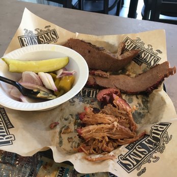 Billy Sims BBQ - We got the three meat platter ,brisket ,pulled pork and polish sausage with baked beans and potato salad - Barbeque Near Me - Tulsa, Oklahoma Billy Sims BBQ - We got the three meat platter ,brisket ,pulled pork and polish sausage with baked beans and potato salad - Barbeque Near Me - Tulsa, Oklahoma