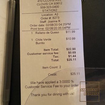 Salsa's Cantina - 3% Service Fee presented to you after they swipe your card and charge you. - Mexican Near Me - Clovis, California Salsa's Cantina - 3% Service Fee presented to you after they swipe your card and charge you. - Mexican Near Me - Clovis, California