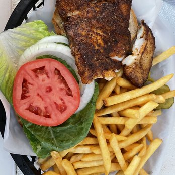 Dockside Dave's - Blackened grouper sandwich with fries - Seafood Near Me - Madeira Beach, Florida