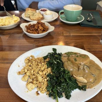 Cafe Flora - Southern platter with tofu, green and rosemary biscuit with mushroom gravy. - Vegetarian Near Me - Seattle, Washington Cafe Flora - Southern platter with tofu, green and rosemary biscuit with mushroom gravy. - Vegetarian Near Me - Seattle, Washington