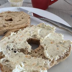 Sandy Bottom Bagels - Jalapeño cheese bagel with veggie cream cheese