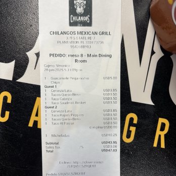 Chilangos Mexican Grill - Receipt- 6 tacos, guacamole, michelada, and two cans of Tecate! - Mexican Near Me - Plantation, Florida Chilangos Mexican Grill - Receipt- 6 tacos, guacamole, michelada, and two cans of Tecate! - Mexican Near Me - Plantation, Florida