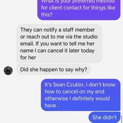 Barre Collective - This is a picture of the text message between the barre instructor and the owner on 8/13/22