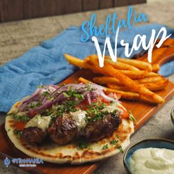 Gyromania - - Pork Sausage gyro wrap with a side of fries.
- Tomatoes, Onions, Parsley toppings
- Tzatziki Sauce