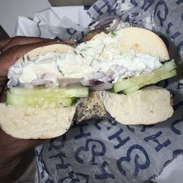 Poppy Seed Bagel w. Scallion Cream Cheese,  Cucumber, Onion