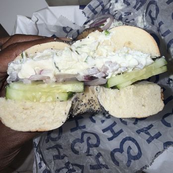 H&H Bagels - Poppy Seed Bagel w. Scallion Cream Cheese,  Cucumber, Onion - Bagels Near Me - New York, New York