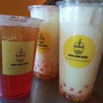 Num Num Boba - Two pineapple milk teas with popping mango boba and a mango fruit tea with popping strawberry boba - Coffee & Tea Near Me - Reno, Nevada