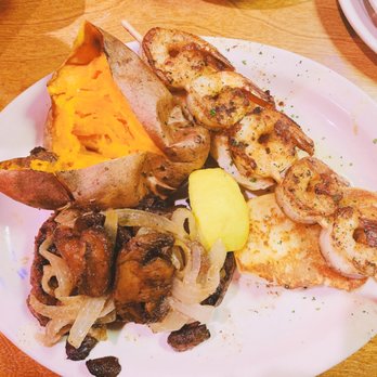 Texas Roadhouse - Sirloin with Shrimp and Sweet Potato. Stope the rest of my FIL mushrooms and onions lol - Steakhouses Near Me - Palm Bay, Florida