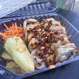 Deep-fried Sushi with shrimp, octopus and bacon crumbles.. Deep-fried Sushi with shrimp, octopus and bacon crumbles..