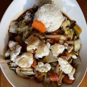 Drift Inn - Teriyaki Rice Bowl with Grilled Halibut @ The Drift Inn Cafe. - New American Near Me - Yachats, Oregon