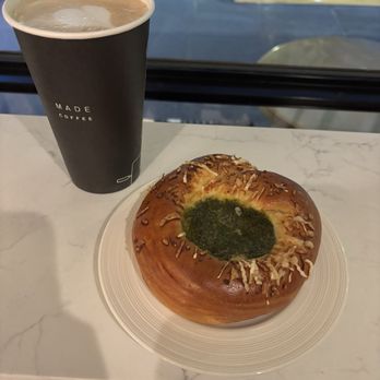 Made Coffee - Spinach and cheese bun, Snickerdude latte - Coffee & Tea Near Me - Seattle, Washington Made Coffee - Spinach and cheese bun, Snickerdude latte - Coffee & Tea Near Me - Seattle, Washington