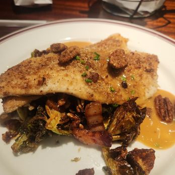 Mike's American - Pecan Crusted Trout with brussel sprouts. - American Near Me - Springfield, Virginia Mike's American - Pecan Crusted Trout with brussel sprouts. - American Near Me - Springfield, Virginia