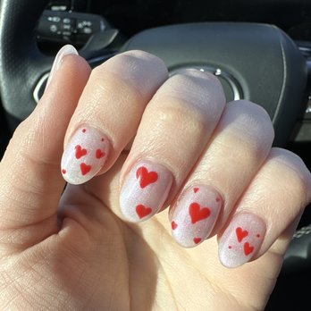 Orchid Nail Spa - Shimmer base and red hearts - Nail Salons Near Me - Lubbock, Texas Orchid Nail Spa - Shimmer base and red hearts - Nail Salons Near Me - Lubbock, Texas