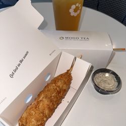 Modo Tea - Half and half corn dog with garlic aioli and lychee tea