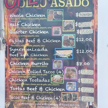 Pollo Asado - Menu - Menu board at Pollo Asado in Santa Fe, NM, featuring a list of chicken and beef dishes such as whole chicken, half chicken, quarter chicken, and tacos. Prices range from $3.00 to $12.00. The board includes descriptions of each dish, with some items like tacos and tostadas also listed. The menu is colorful with a black background and bright text, and the business's contact number is displayed at the bottom. - Mexican Near Me - Santa Fe, New Mexico