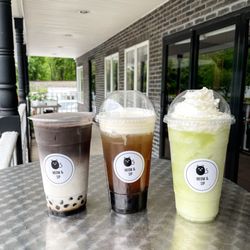 Meow & Sip - Hojicha, Four Season Oolong Cheese Foam, honeydew slush