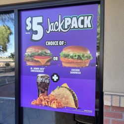 Jack in the Box - Window sign promoting Jack pack showing choices and $5 price