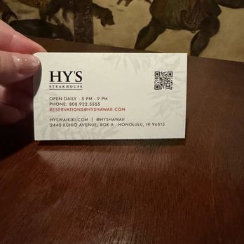 Hy's Steak House - Business Card - Steakhouses Near Me - Honolulu, Hawaii