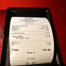 Receipt for dinner with tip suggestions. Receipt for dinner with tip suggestions.