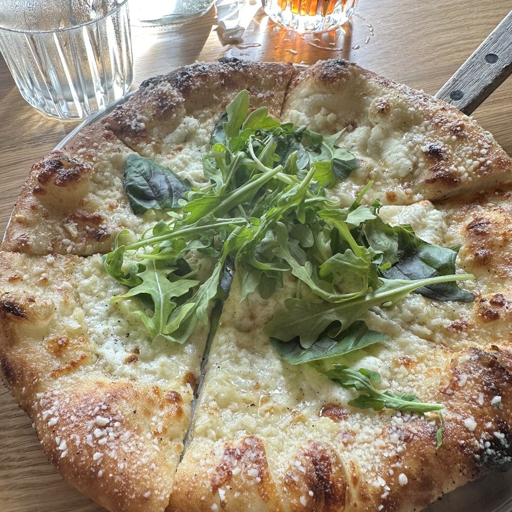 Harvest - Brewery - Custom pizza - Parmesan cream with mozzarella/provolone blend, ricotta, basil, arugula and chopped garlic. - Pizza Near Me - Columbus, Ohio Harvest - Brewery - Custom pizza - Parmesan cream with mozzarella/provolone blend, ricotta, basil, arugula and chopped garlic. - Pizza Near Me - Columbus, Ohio