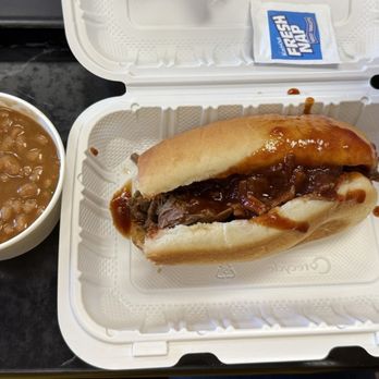 Calhoun Family Texas Barbeque - BBQ Brisket Sandwich with potato salad and baked beans - Barbeque Near Me - Murrieta, California