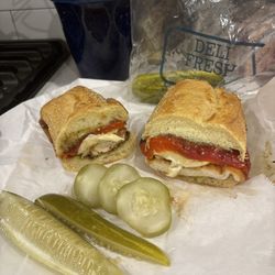 Valente's Italian Deli - Chicken cutlet with roasted red peppers and basil pesto on semolina and pickles