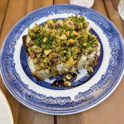 Baedega - Cashew vegan cheese and green olive tapenade in toasted focaccia.