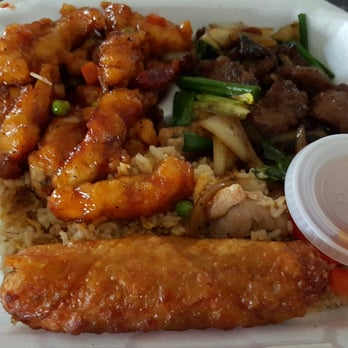 Oriental Garden - King pao chicken and Mongolian beef, with chicken fried rice and an egg roll. Pretty good. - Chinese Near Me - Anchorage, Alaska