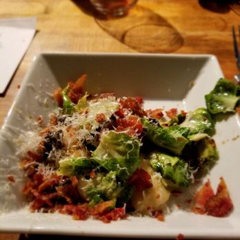 R Kitchen - Brussel sprouts and bacon over cheese pasta called Gnuddi. Everything is better with bacon! - New American Near Me - Charleston, South Carolina R Kitchen - Brussel sprouts and bacon over cheese pasta called Gnuddi. Everything is better with bacon! - New American Near Me - Charleston, South Carolina