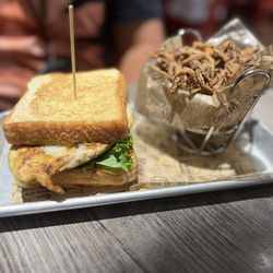 Grill Marks - Buffalo Chicken Sandwich with crispy onions