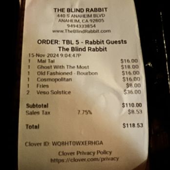 The Blind Rabbit - Visit receipt - Cocktail Bars Near Me - Anaheim, California