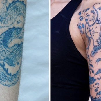 Hello Ink Tattoo Studio - 4 months healed. Comparison of PLAGARIZED dragon body with Oozy's original design - Tattoo Near Me - New York, New York Hello Ink Tattoo Studio - 4 months healed. Comparison of PLAGARIZED dragon body with Oozy's original design - Tattoo Near Me - New York, New York